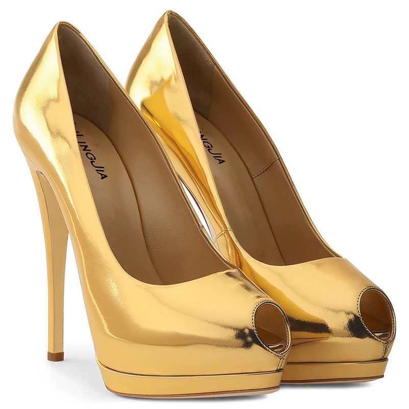 SD Dresscode women's peep toe pumps for weddings in shiny gold with high heels for elegant occasions