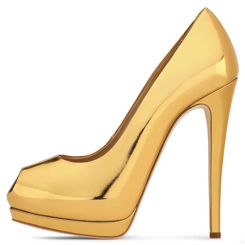 Gold high heel women's peep toe pumps for weddings with a stylish platform design