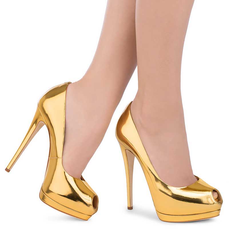 SD Dresscode women's peep toe pumps for weddings in shiny gold with high heels for elegant style