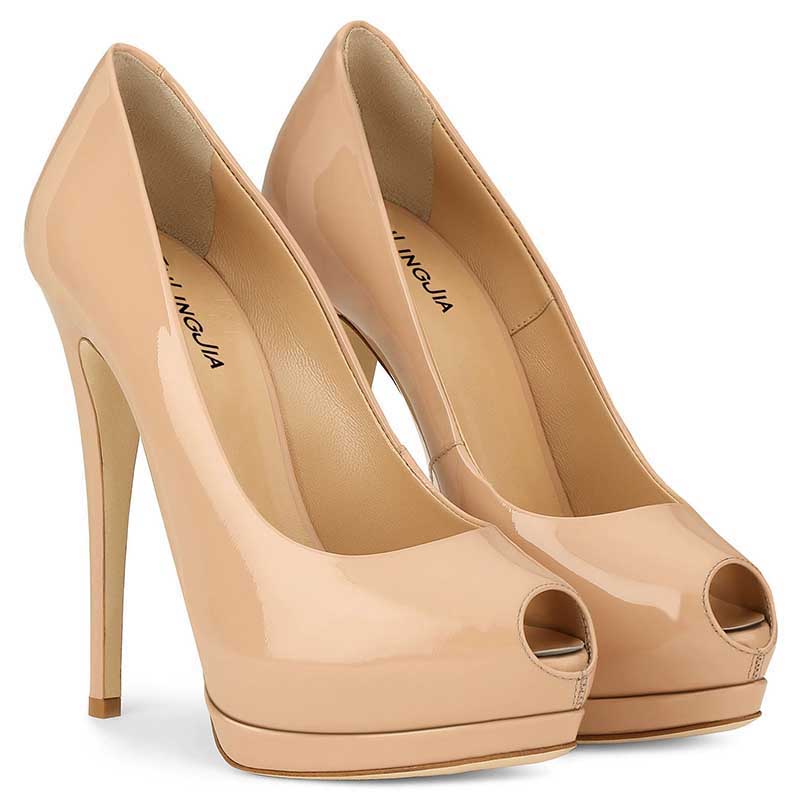 Stylish women's peep toe pumps for weddings in nude with high heels and glossy finish