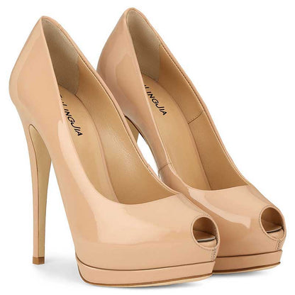 Stylish women's peep toe pumps for weddings in nude with high heels and glossy finish