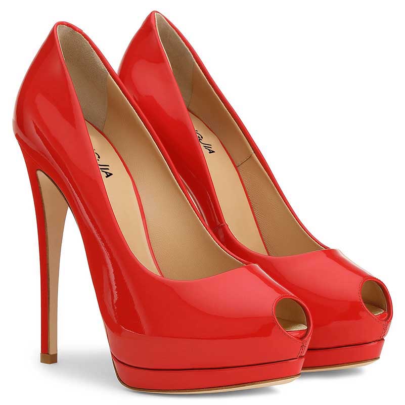 Stylish red women's peep toe pumps for weddings featuring high heels and a glossy finish