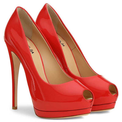 Stylish red women's peep toe pumps for weddings featuring high heels and a glossy finish