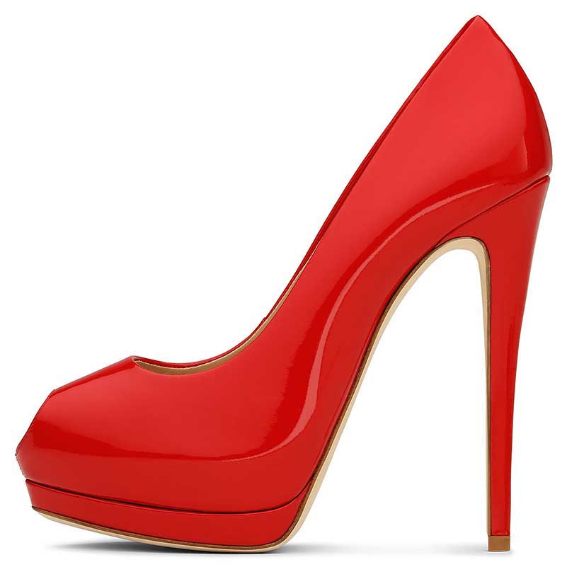 Stylish red women's peep toe pumps for weddings with high heels and shiny finish from SD Dresscode & Fashiontrends