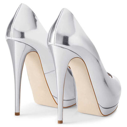 Shiny silver women's peep toe pumps for weddings with high stiletto heels from SD Dresscode & Fashiontrends