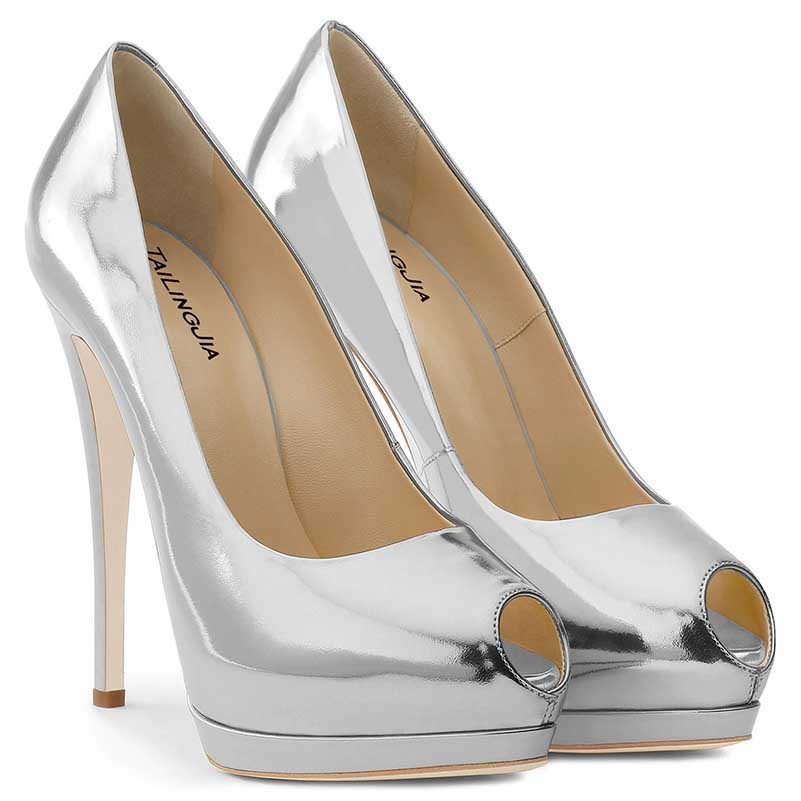 Shiny silver women's peep toe pumps for weddings with high heels and elegant design
