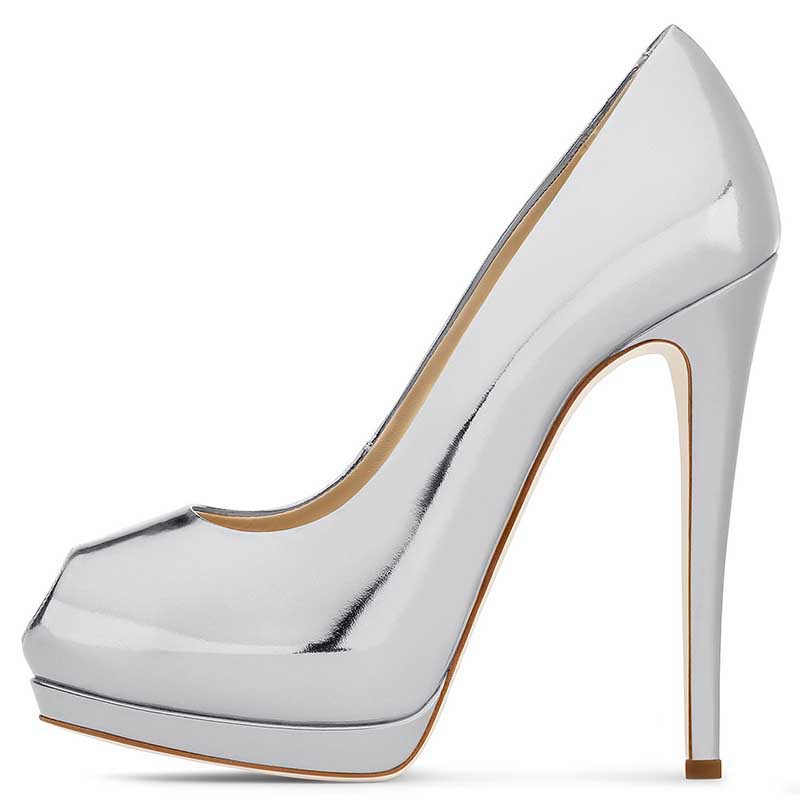 SD Dresscode women's peep toe pumps for weddings in shiny silver finish with high stiletto heels