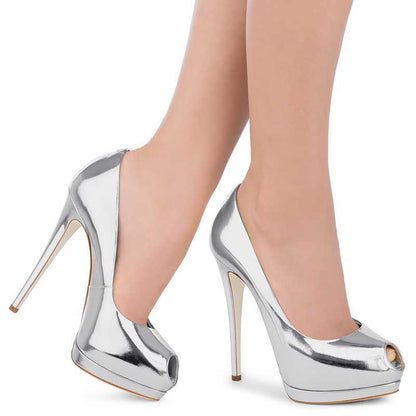 SD Dresscode elegant silver women's peep toe pumps for weddings with high heels and stylish design