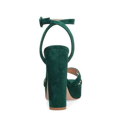 Back view of SD Dresscode women's platform pump sandals in green suede with ankle strap and chunky heel