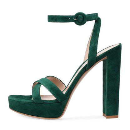 Elegant green women's platform pump sandals with a chunky heel and ankle strap for stylish comfort