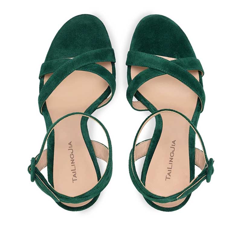 Stylish green women's platform pump sandals with cross-strap design for trendy footwear lovers