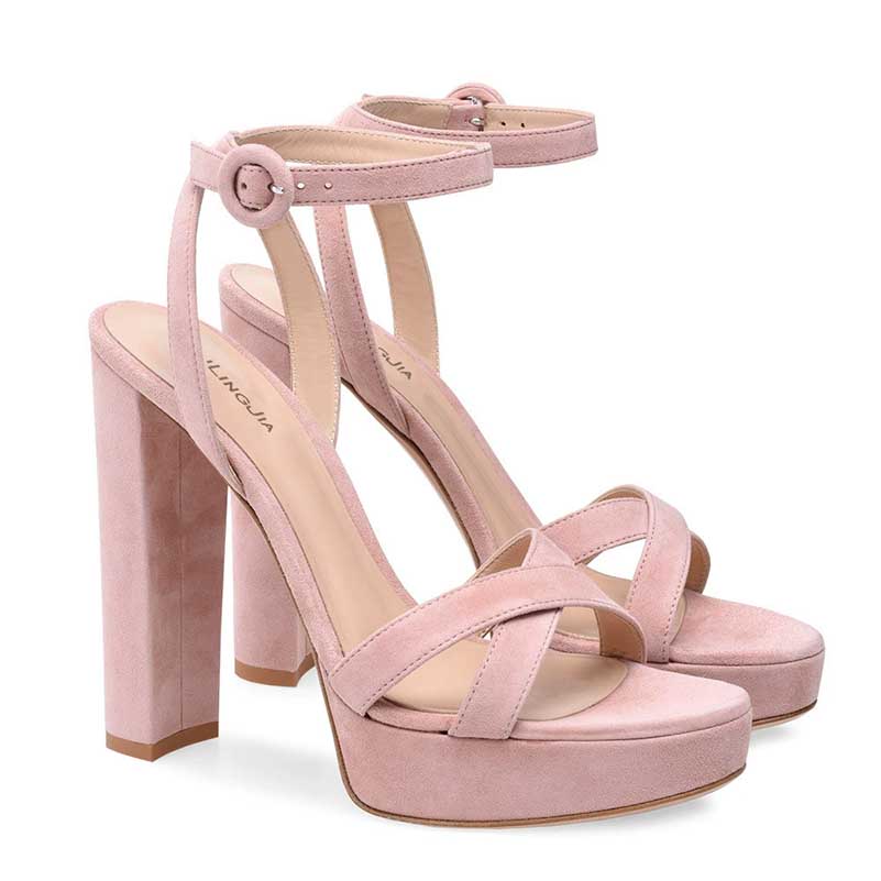 Stylish women's platform pump sandals in pink with adjustable straps and chunky heels