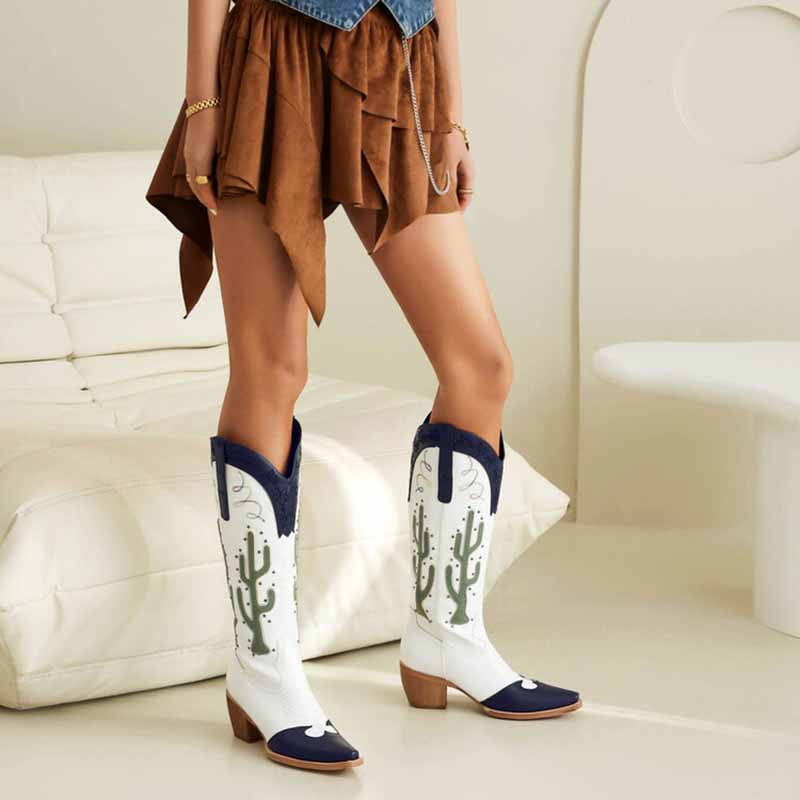 Vintage floral western booties women in white and blue with cactus designs, perfect for stylish outfits