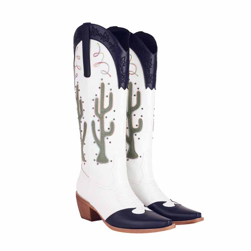 Vintage floral western booties women with intricate cactus designs and contrasting colors