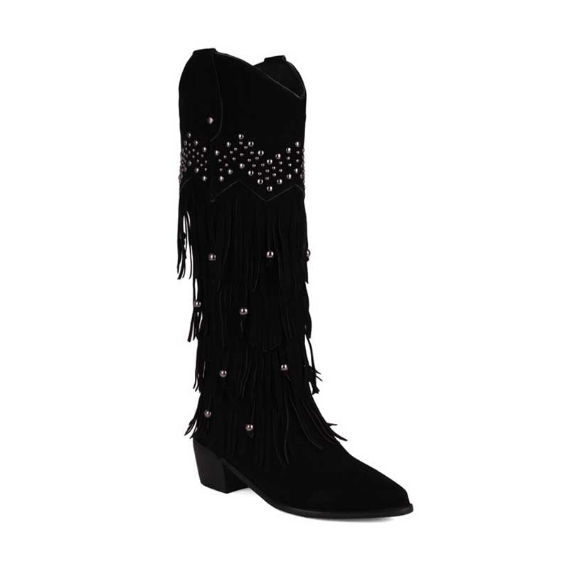Stylish vintage tassel cowgirl boots in black suede with fringe and studded details