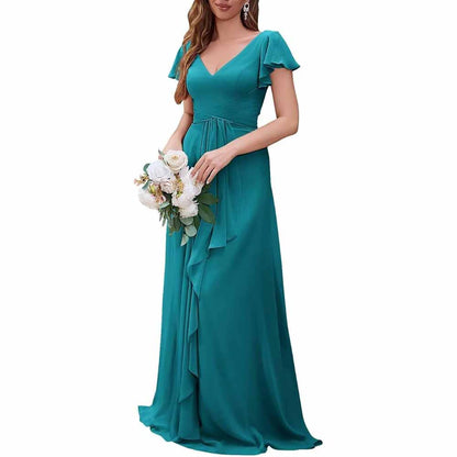 Women Chiffon Bridesmaid Dresses Short Sleeve Long Prom Dress V Neck Evening Gown