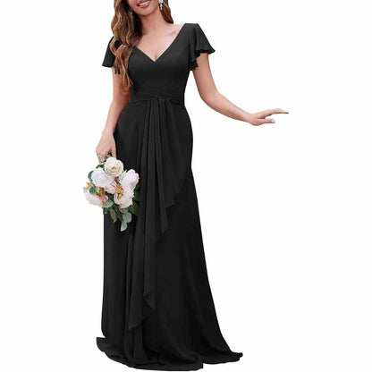Women Chiffon Bridesmaid Dresses Short Sleeve Long Prom Dress V Neck Evening Gown