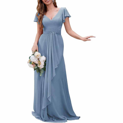 Women Chiffon Bridesmaid Dresses Short Sleeve Long Prom Dress V Neck Evening Gown