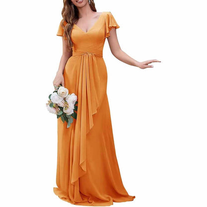 Women Chiffon Bridesmaid Dresses Short Sleeve Long Prom Dress V Neck Evening Gown