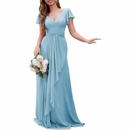 Women Chiffon Bridesmaid Dresses Short Sleeve Long Prom Dress V Neck Evening Gown