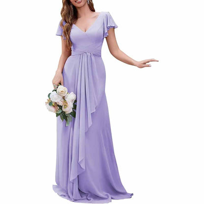Women Chiffon Bridesmaid Dresses Short Sleeve Long Prom Dress V Neck Evening Gown