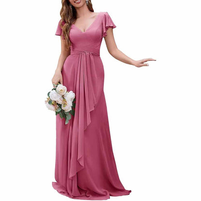 Women Chiffon Bridesmaid Dresses Short Sleeve Long Prom Dress V Neck Evening Gown
