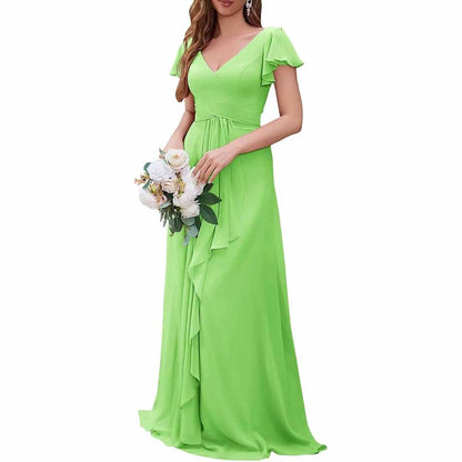 Women Chiffon Bridesmaid Dresses Short Sleeve Long Prom Dress V Neck Evening Gown