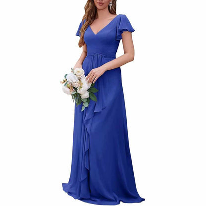 Women Chiffon Bridesmaid Dresses Short Sleeve Long Prom Dress V Neck Evening Gown