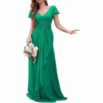 Women Chiffon Bridesmaid Dresses Short Sleeve Long Prom Dress V Neck Evening Gown