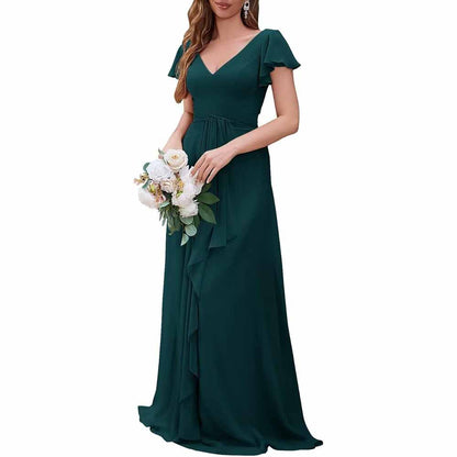 Women Chiffon Bridesmaid Dresses Short Sleeve Long Prom Dress V Neck Evening Gown