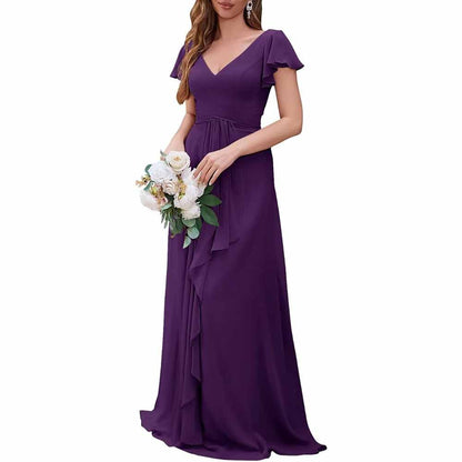 Women Chiffon Bridesmaid Dresses Short Sleeve Long Prom Dress V Neck Evening Gown