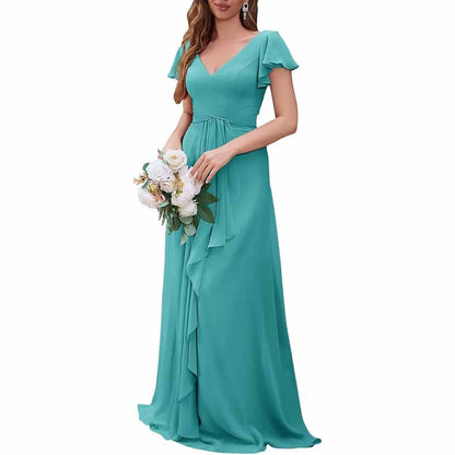 Women Chiffon Bridesmaid Dresses Short Sleeve Long Prom Dress V Neck Evening Gown