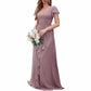 Women Chiffon Bridesmaid Dresses Short Sleeve Long Prom Dress V Neck Evening Gown
