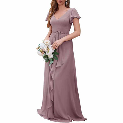 Women Chiffon Bridesmaid Dresses Short Sleeve Long Prom Dress V Neck Evening Gown