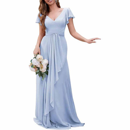 Women Chiffon Bridesmaid Dresses Short Sleeve Long Prom Dress V Neck Evening Gown