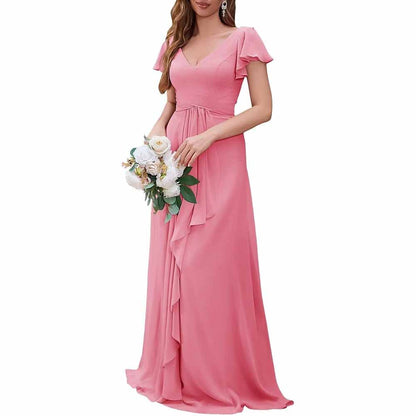 Women Chiffon Bridesmaid Dresses Short Sleeve Long Prom Dress V Neck Evening Gown