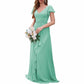 Women Chiffon Bridesmaid Dresses Short Sleeve Long Prom Dress V Neck Evening Gown