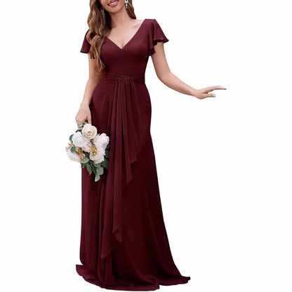 Women Chiffon Bridesmaid Dresses Short Sleeve Long Prom Dress V Neck Evening Gown