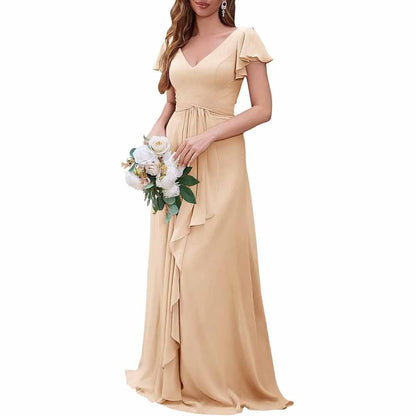 Women Chiffon Bridesmaid Dresses Short Sleeve Long Prom Dress V Neck Evening Gown