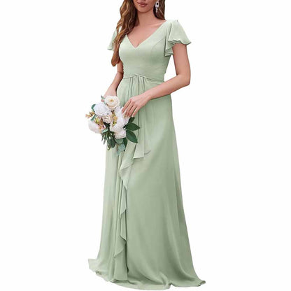 Women Chiffon Bridesmaid Dresses Short Sleeve Long Prom Dress V Neck Evening Gown