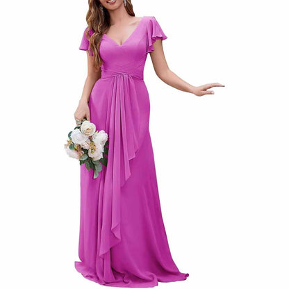 Women Chiffon Bridesmaid Dresses Short Sleeve Long Prom Dress V Neck Evening Gown