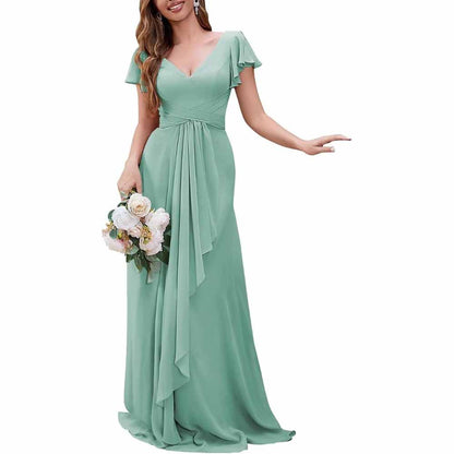 Women Chiffon Bridesmaid Dresses Short Sleeve Long Prom Dress V Neck Evening Gown