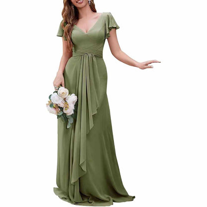 Women Chiffon Bridesmaid Dresses Short Sleeve Long Prom Dress V Neck Evening Gown