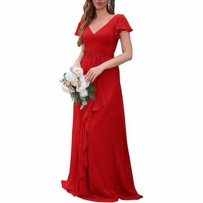 Women Chiffon Bridesmaid Dresses Short Sleeve Long Prom Dress V Neck Evening Gown