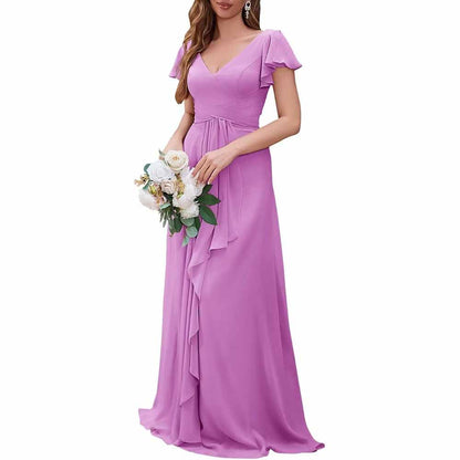 Women Chiffon Bridesmaid Dresses Short Sleeve Long Prom Dress V Neck Evening Gown