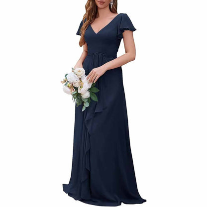 Women Chiffon Bridesmaid Dresses Short Sleeve Long Prom Dress V Neck Evening Gown