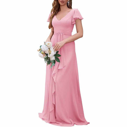 Women Chiffon Bridesmaid Dresses Short Sleeve Long Prom Dress V Neck Evening Gown