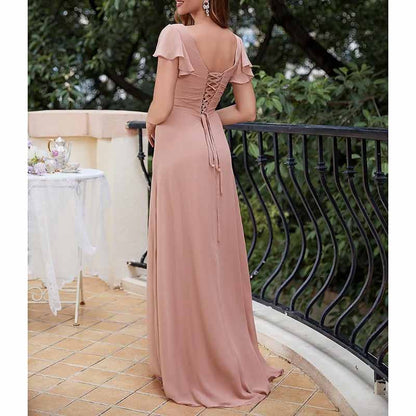 Women Chiffon Bridesmaid Dresses Short Sleeve Long Prom Dress V Neck Evening Gown