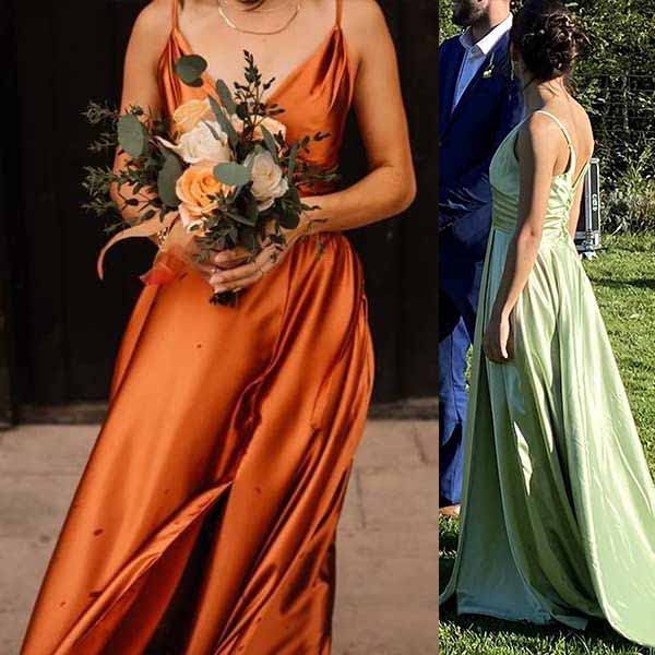 Satin Bridesmaid Dresses Long Spaghetti Strap Prom Dress Evening Gowns