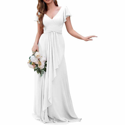 Women Chiffon Bridesmaid Dresses Short Sleeve Long Prom Dress V Neck Evening Gown